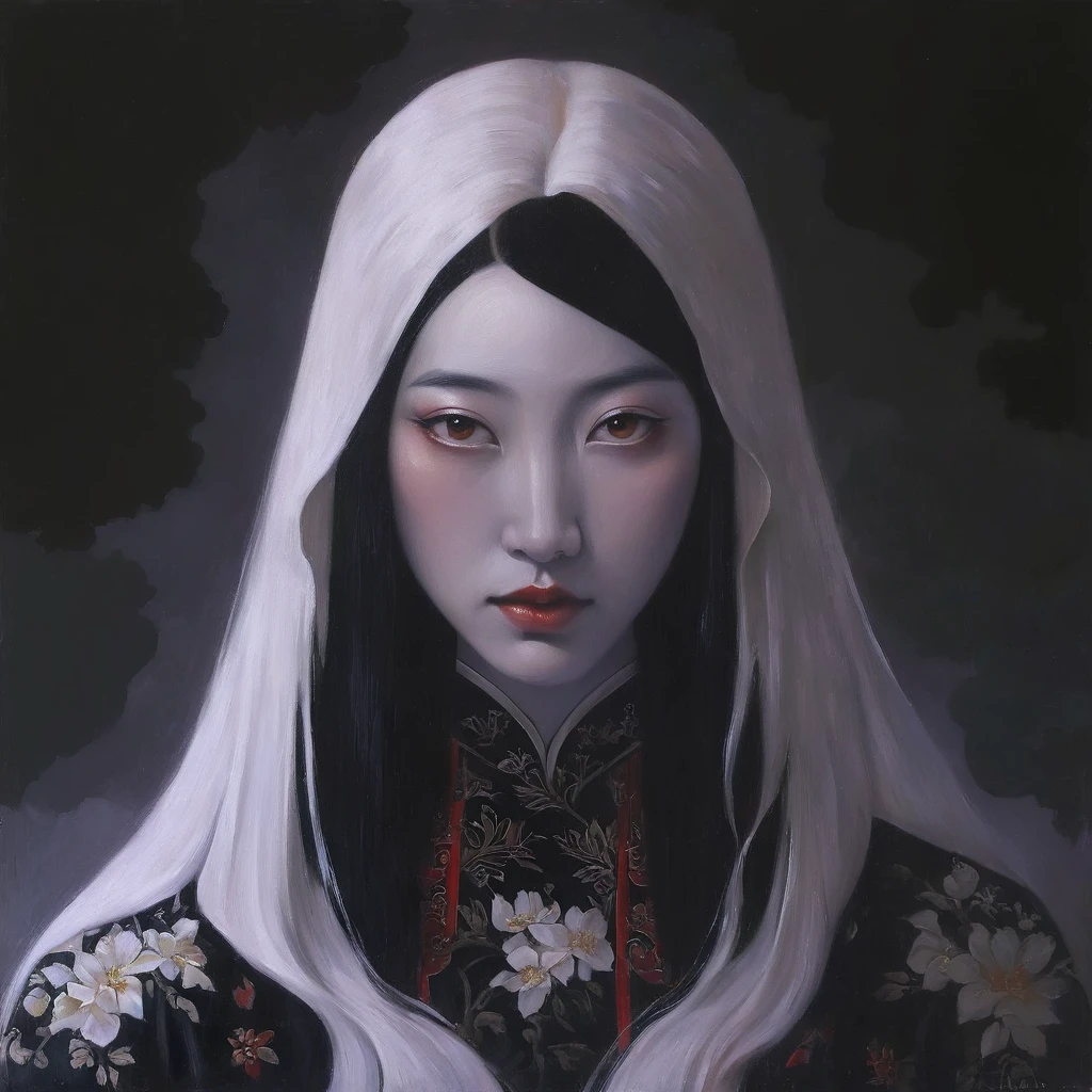 (pintura a óleo: 1.5),

\\

Uma mulher com longos cabelos pretos e flores brancas no cabelo senta-se em frente a uma pintura de paisagem chinesa, vestido vermelho (Amy Saulo: 0.248), (Stanley Ateg Liu: 0.106), (uma pintura detalhada: 0.353), (arte gótica: 0.106)