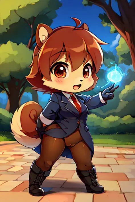 boy, squirrel, furry, bodyfur, blazer, no panties under pantyhose, gloves, boots, chibi, park, magic