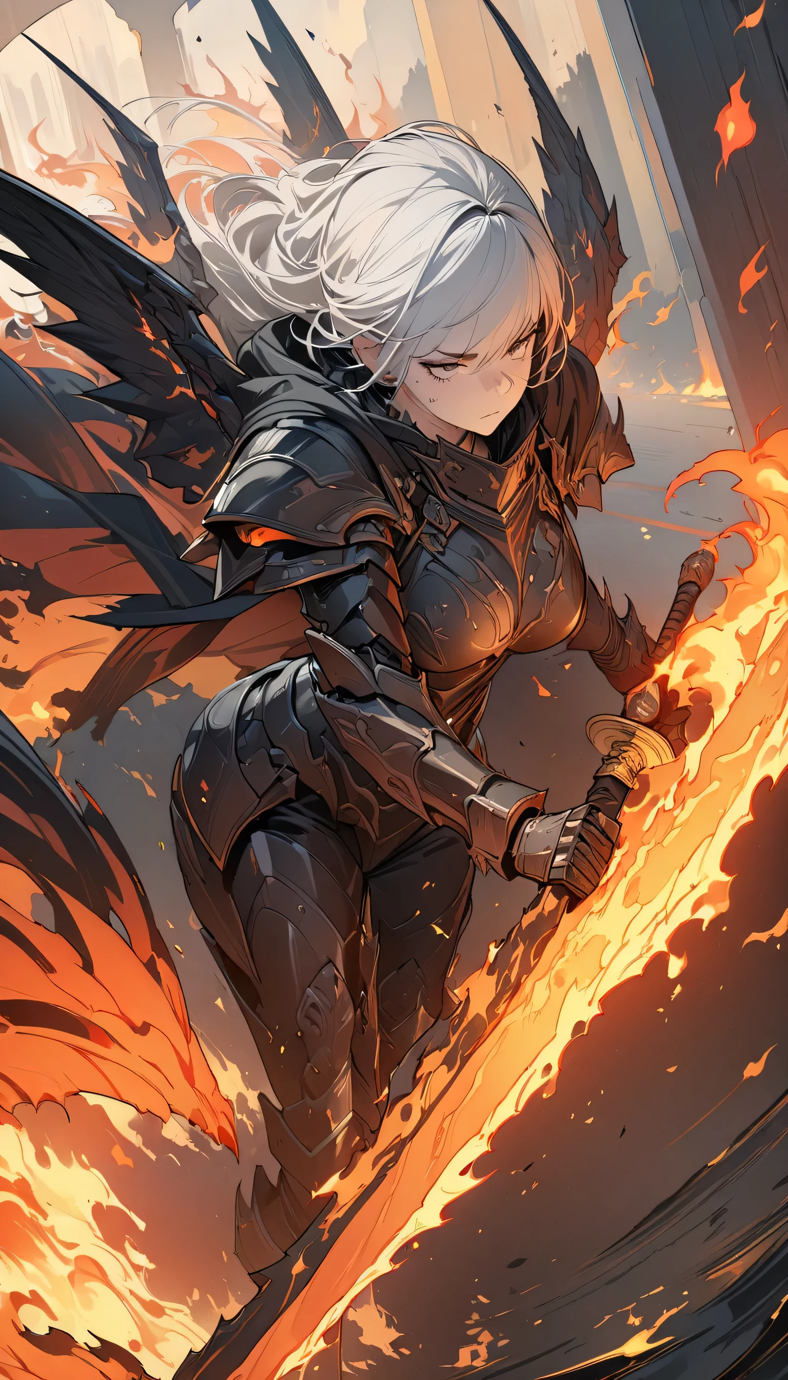 ((Ultra-fine illustrations, 8k, masterpiece :1.2, Sharp focus :1.2, Depth of written boundary:1.2)), Beautiful female swordsman, Disorganized, Highly detailed face and skin texture, Silver Hair, Jet Black Armor, Flame Armor, Cloak on Fire, Flaming Sword, Wings of Fire, Determination to overcome sadness, There&#39;s a sign of determination in your gentle eyes , Strong Soul、Full Body Shot