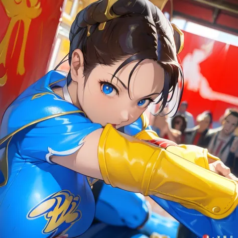 Street Fighter chun li, Perfect eyes, Perfect Iris, Retro, Acrylic art by Artgerm and Gediminas Pranckevicius, intricate, highly...