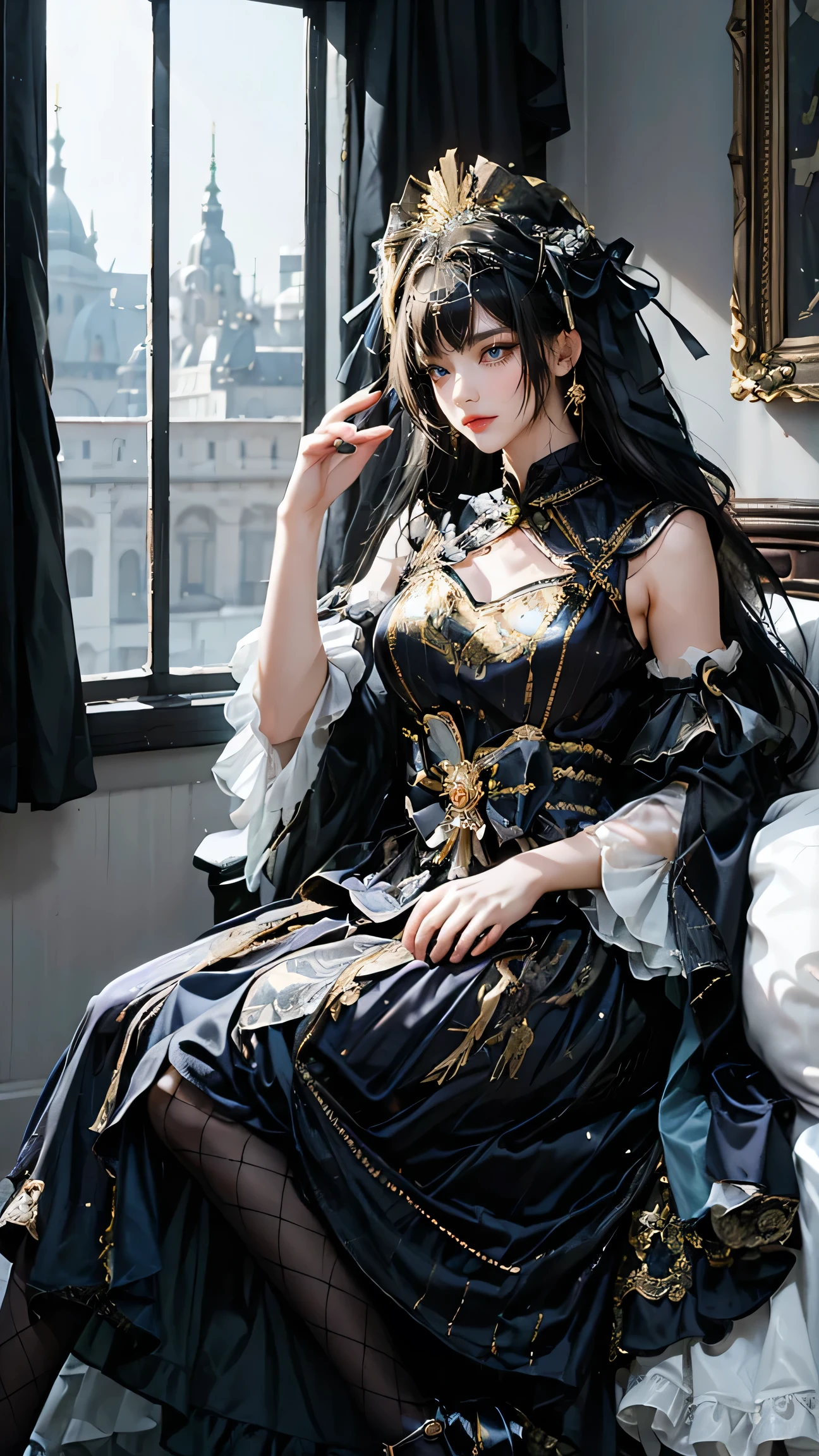 Best quality, masterpiece, ultra high res, raw photo, beautiful and aesthetic,deep shadow, dark theme,(ultra detailed:1.3),
1girl, sitting on bed, Headdress, hair ornament, full of curtain, drill hair, long hair, blonde hair, gradient hair, yellow eyes, solo, huge breasts, G-cup, big hair, blue hair, tiara, divine goddess, looking at viewer, royal palace, indoors, bedroom, astraea, full body, cns dress, frilled dress, black pantyhose 