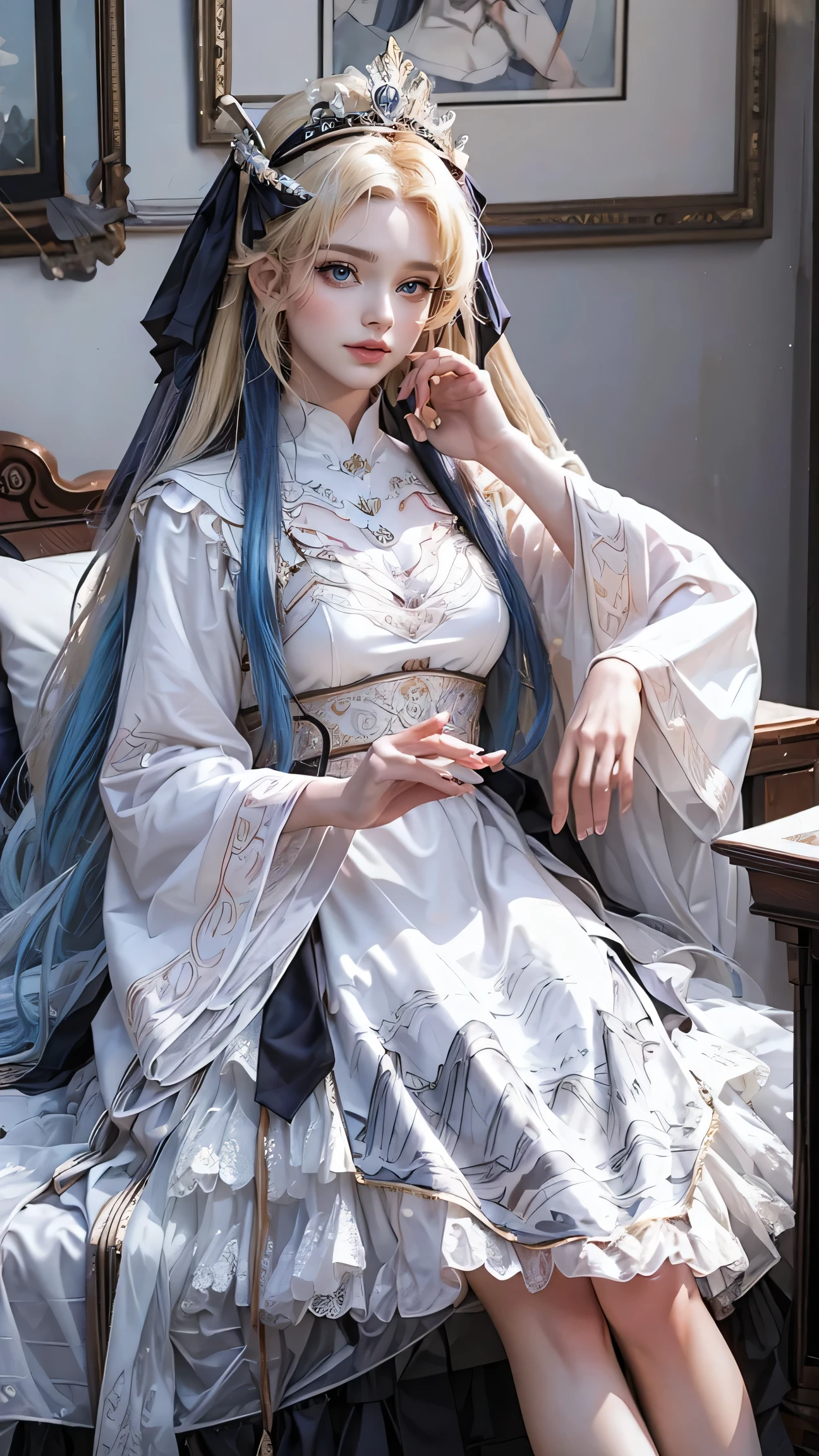 Best quality, masterpiece, ultra high res, raw photo, beautiful and aesthetic,deep shadow, dark theme,(ultra detailed:1.3),
1girl, sitting on bed, Headdress, hair ornament, full of curtain, drill hair, long hair, blonde hair, gradient hair, yellow eyes, solo, huge breasts, G-cup, big hair, blue hair, tiara, divine goddess, looking at viewer, royal palace, indoors, bedroom, astraea, full body, cns_dress 