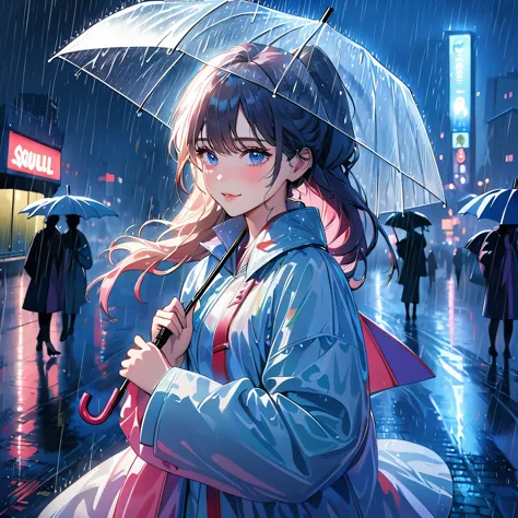 one girl,city of night,rain,coat,holding an umbrella,rainbow colored raincoat,dance in the rain,best quality, highres, ultra-det...