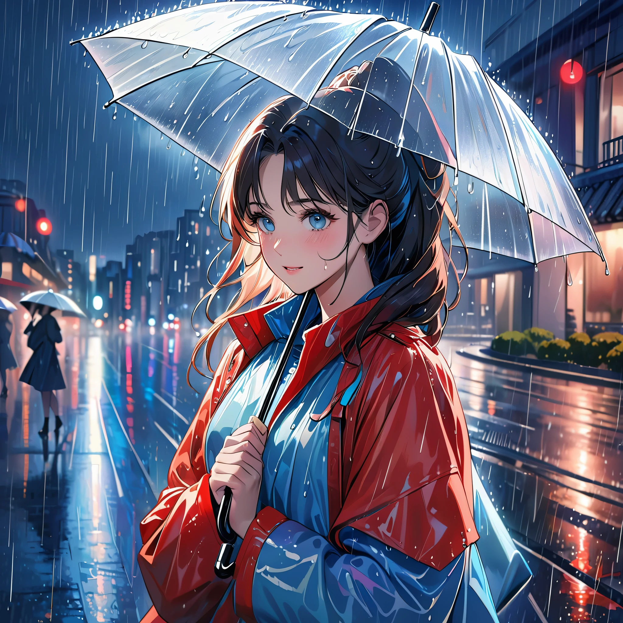 One girl,City of night,rain,coat,Holding an umbrella,rainbow colored raincoat,dance in the rain,best quality, highres, ultra-detailed, realistic:1.37, Close to cold colors,reduce saturation, full-body image, soft lighting, long eyelashes, sparkling eyes, glossy lips, detailed skin, retro pattern, pastel colors, ((smile while crying1.2)), ((shedding tears:2.0),, ((sad look:1.8)),, dreamy atmosphere, elegant pose, nostalgic vibes, glittering highlights, flawless complexion, 80s style fashion, retro hairdo, pink blush, delicate features, diamond-like eyes,((rain squall:2.8)),((intersection))((high rise residential building Dark city silhouette background:2.0))