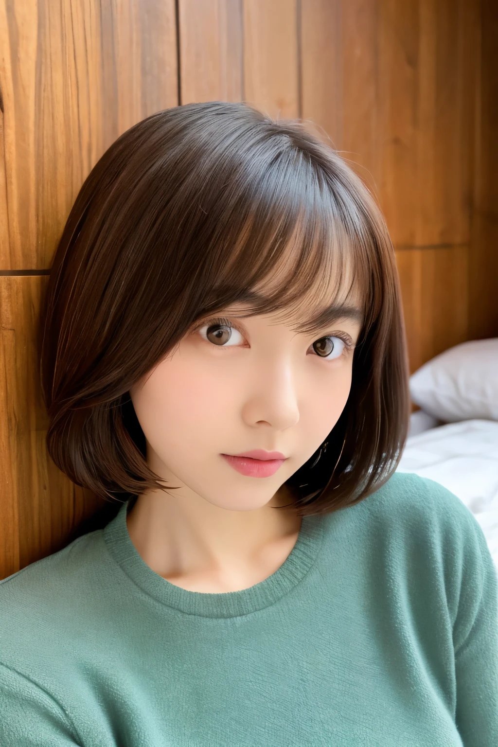 Skinny 40s Japanese lady, short hair, small face, detailed face, detailed eyes, detailed lips, detailed legs, sitting in a bed room, wood wall background