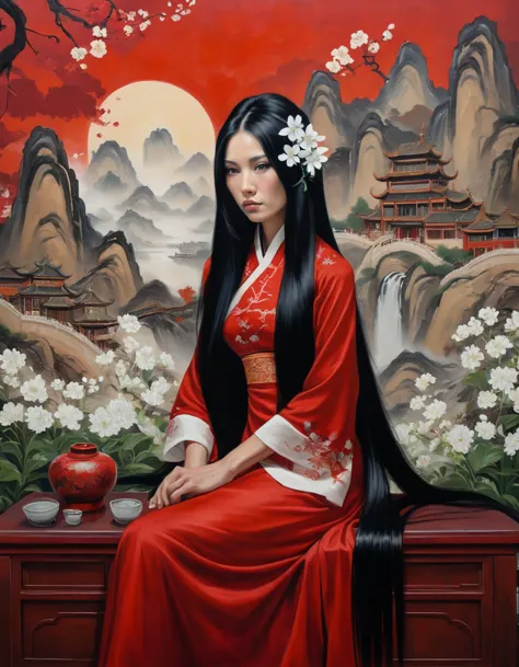 movie poster, oil painting: 1.5), \\ a woman with long black hair and white flowers in her hair sits in front of a chinese lands...