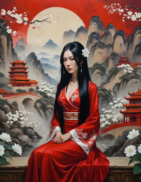 movie poster, oil painting: 1.5), \\ a woman with long black hair and white flowers in her hair sits in front of a chinese lands...