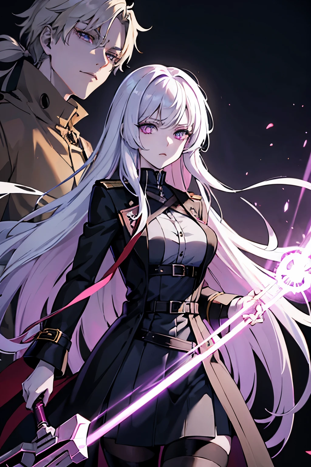 Anime girl with pale skin, having wine-colored eyes and a serious expression, she has long white hair with a very light violet tone that is loose and levitating by her power, 16-year-old anime girl, being a little tall, She wears a black heroine outfit with a trench coat and dark details, and has a scythe in her hand.