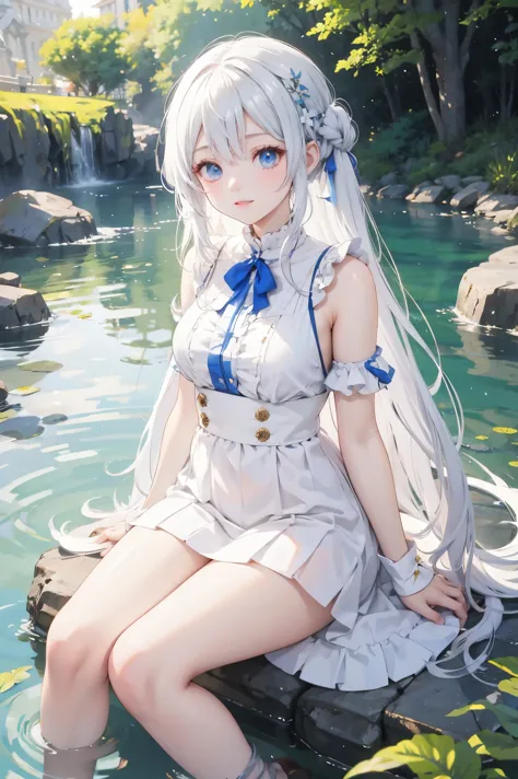 Anime style illustration of woman wearing white dress in pond, anime goddess, guweiz on pixiv artstation, guweiz on artstation p...