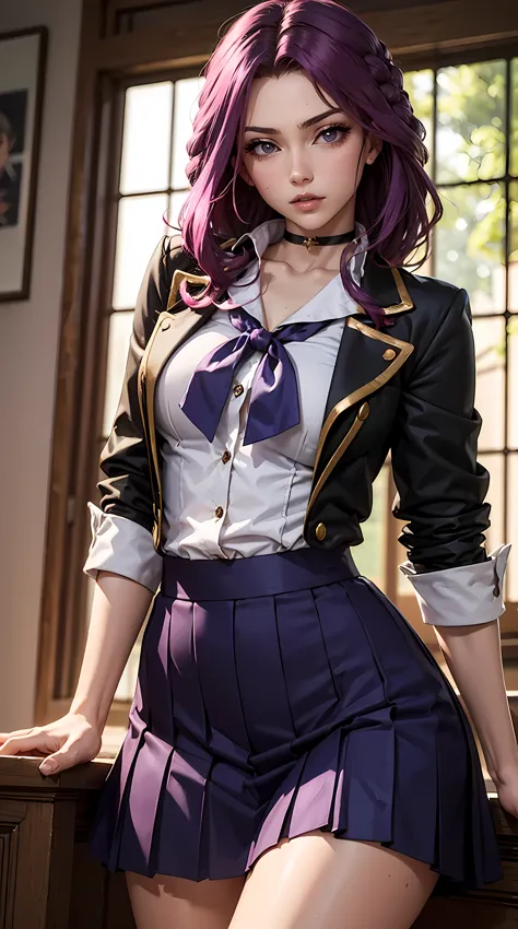 beautiful purple hair woman is shown to have a sexy figure, she is wearing a japanese school girl uniform, choker, sexy look, pu...