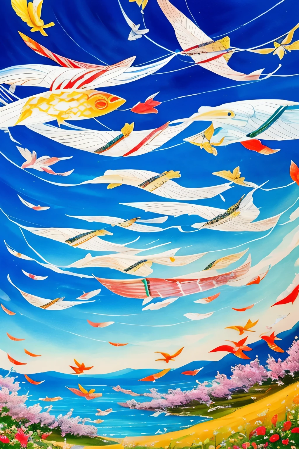 fusion of oil painting and watercolor painting, best quality, super fine, 16k, incredibly absurdres, extremely detailed, delicate, flashy and dynamic depiction, clear, cloudless day, carp streamers fluttering in the wind, koinobori, Japanese tradition, holiday, Children's Day