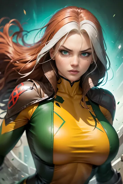 Create a semi-realistic, anime-inspired portrait of Rogue from the X-Men. Rogue is a strong and confident mutant with striking f...