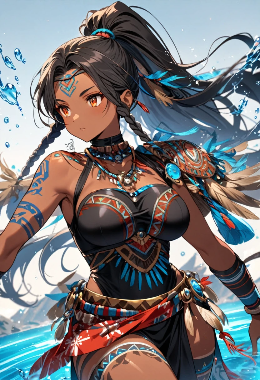 ((dark skinned girl)), ((black high ponytail)), ((Amber eyes)), ((floating blue water)), ((tribal tattoos on shoulder)), ((Braids)), ((namielle))