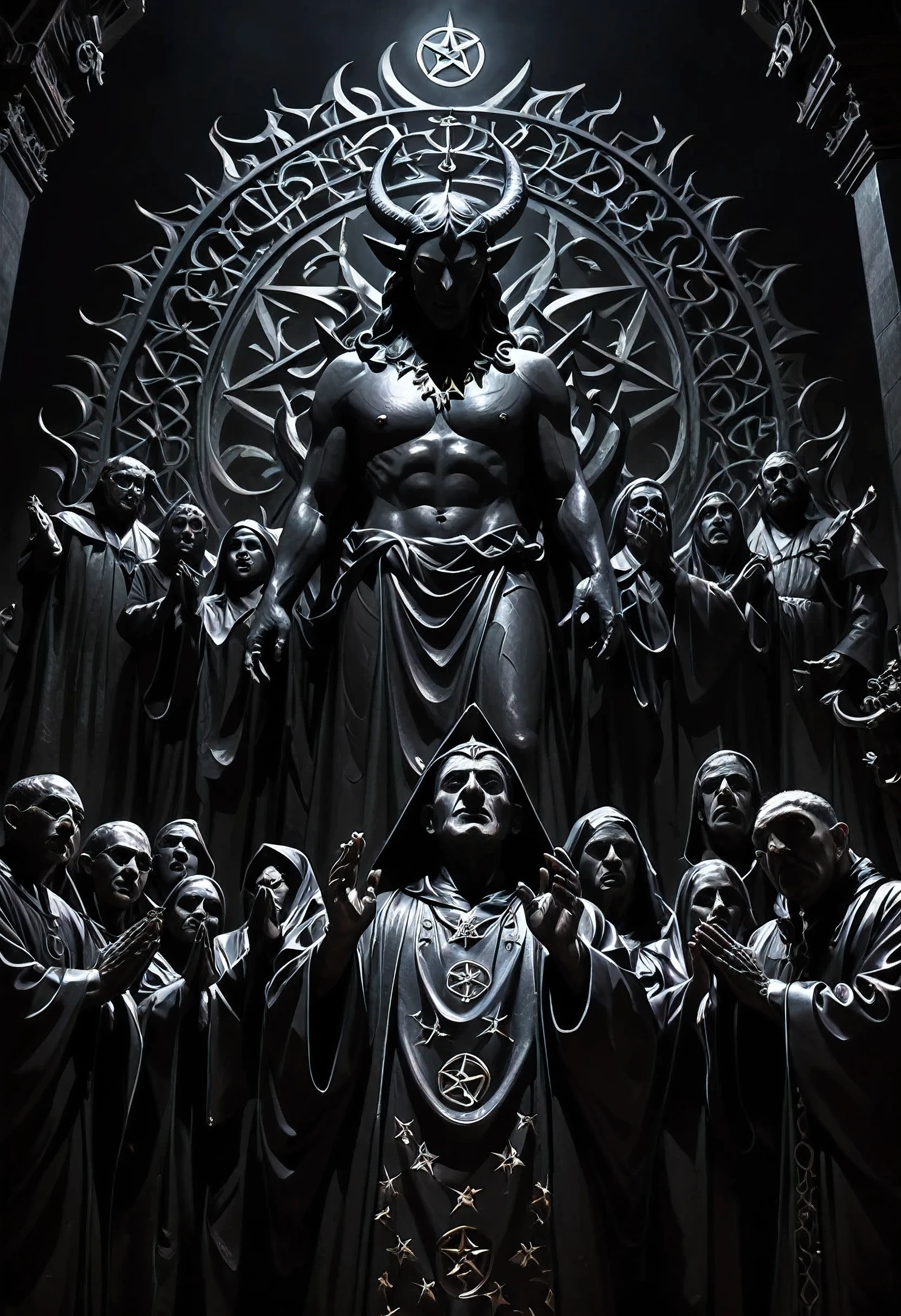 A satanic sect of twelve individuals, reunidos no ambiente mal iluminado e obscuro, pay homage to an imposing statue of Satan. the number, Bathed in darkness, looms over them with its intricately carved features, as the group bows their heads in prayer. Cada membro, dressed in robes of various shades of dark tones, revela seus rostos enquanto cantam frases antigas, the pentagram symbol displayed prominently between them, symbolizing his unwavering loyalty to the Dark Lord. Your worship, shrouded in secrecy and mystery, se desenrola neste quadro arrepiante, a testament to your devotion and commitment.