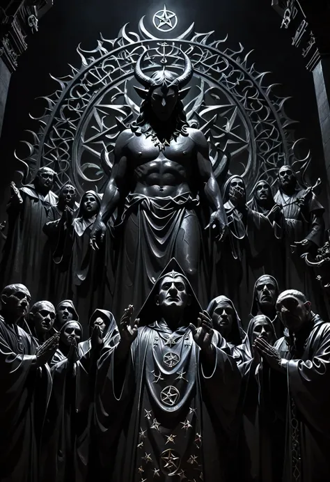 A satanic sect of twelve individuals, reunidos no ambiente mal iluminado e obscuro, pay homage to an imposing statue of Satan. t...