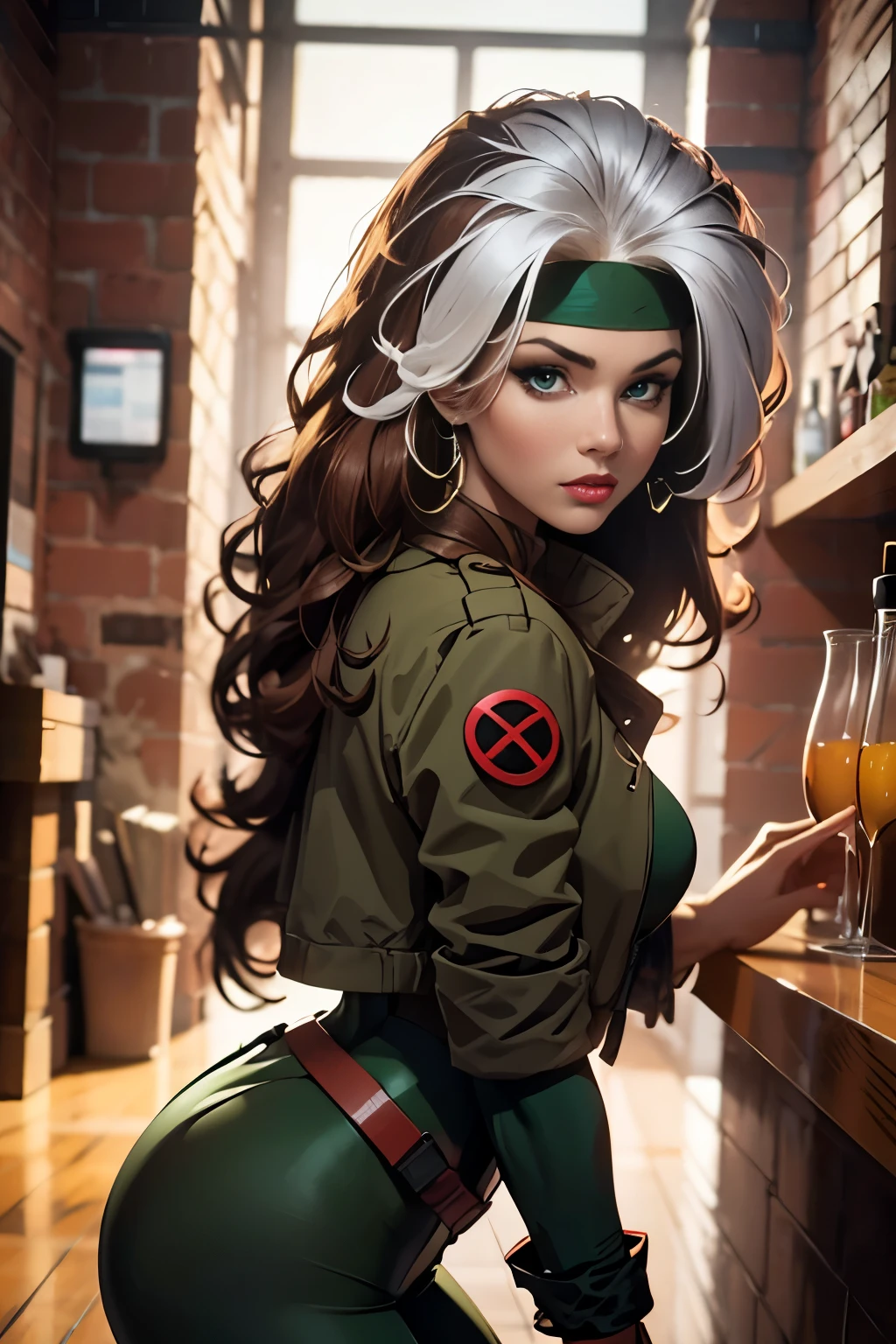 Erstellen Sie eine halbrealistische, Anime-inspiriertes Porträt von Rogue aus den X-Men. Rogue ist ein starker und selbstbewusster Mutant mit markanten Merkmalen. Sie hat lange, wallendes kastanienbraunes Haar mit einer weißen Strähne, Das ist ein herausragendes Merkmal. Ihre Augen sind intensiv und grün, spiegelt ihre Entschlossenheit und innere Stärke wider. Sie trägt ihren ikonischen grün-gelben Body, die ihre Figur umarmt, zeigt ihren athletischen Körperbau. Rogues Gesichtsausdruck ist ernst und doch fesselnd, Vermittlung ihrer Komplexität als Charakter. Stellen Sie sicher, dass das Porträt ihr Wesen als mächtige und rätselhafte Mutantin einfängt und es gleichzeitig mit dem lebendigen Stil der Anime-Kunstwerke erfüllt. Sie ist in einer Bar, während Männer nach ihr dürsten..