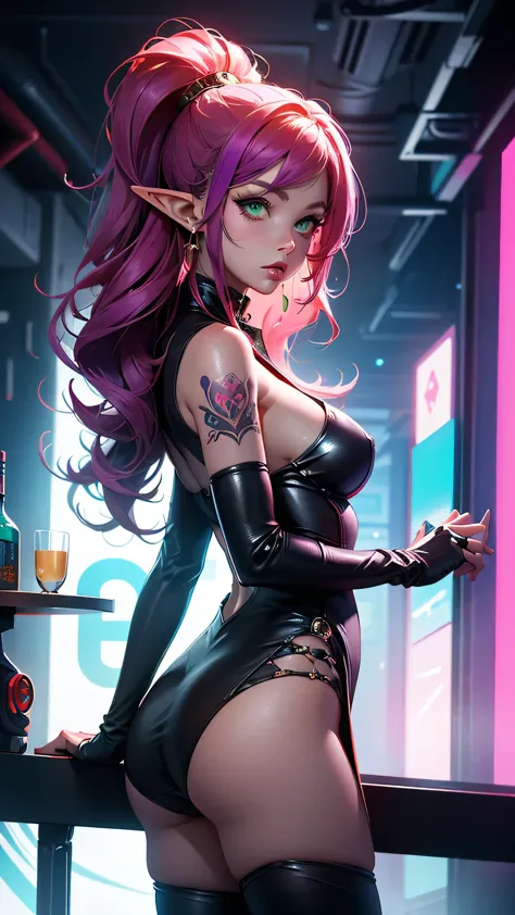 There is futuristic bar, near bar table stand elf female, she have a beautiful face with green eyes long pointy ears with lot of...