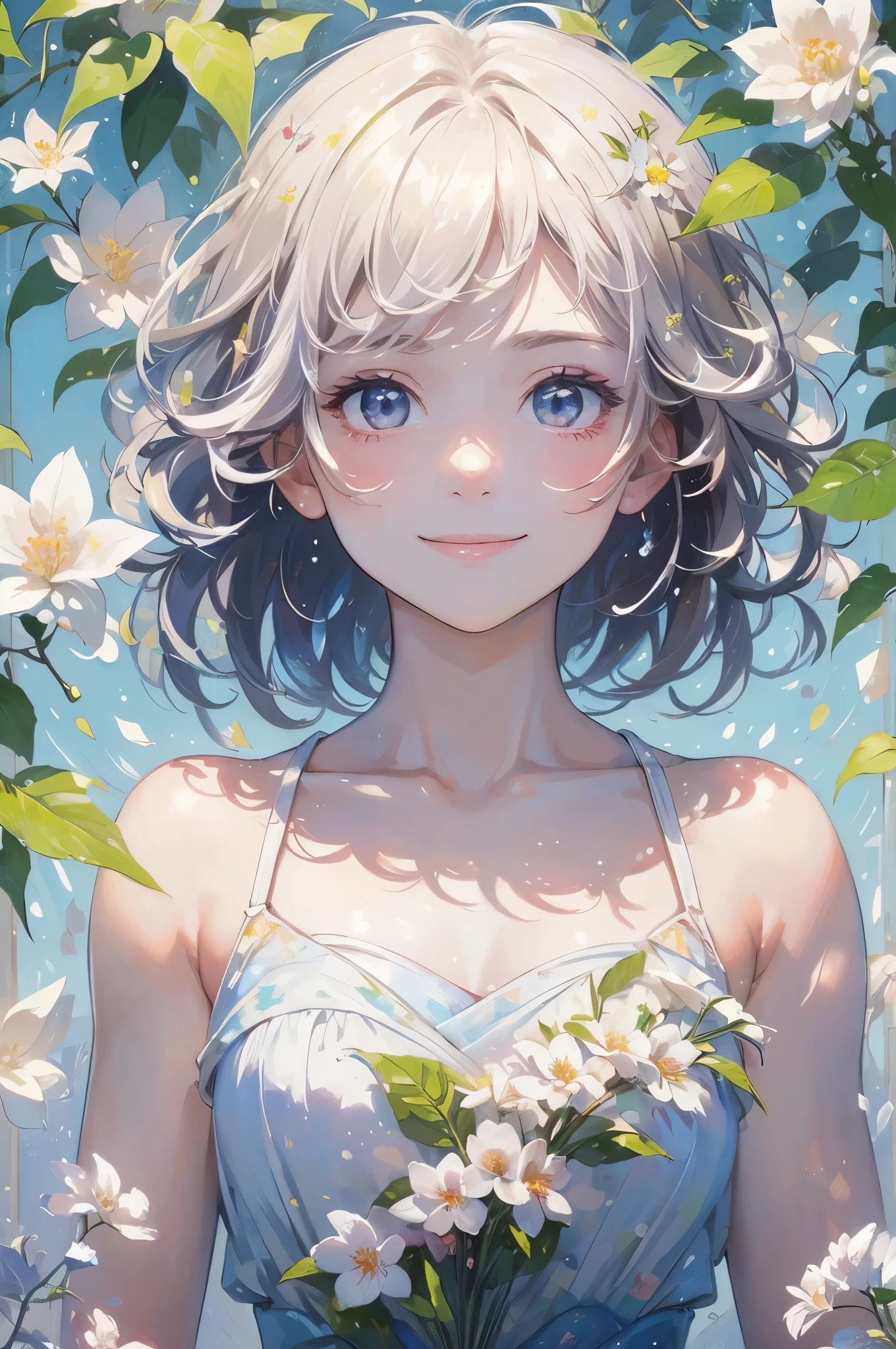 (masterpiece、highest quality、highest quality、Beautiful and beautiful:1.2)、(Good anatomy:1.5)、Painting of a girl with milky white straight hair、Shy smile、Sparkling Eyes、looking at the camera、Emerging from among the flowers and leaves、Suzuran