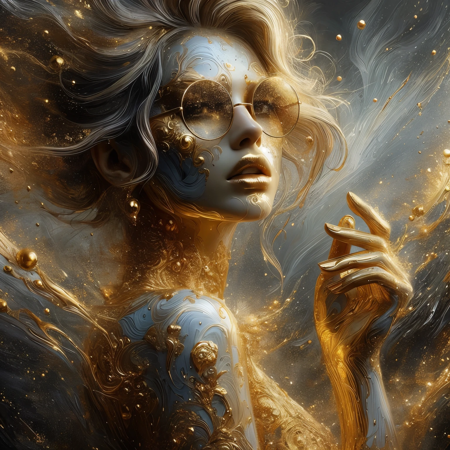 dynamic standing shot, gold splattered paint, gold paint, dewy, steamy, gold lace, painted gold, an oil painting, a masterpiece, hi res, 8 k, art by Tavita Niko, art by Vallejo, art by Klimt , Leonardo Style, close up, ball glasses, impressions of love, want,