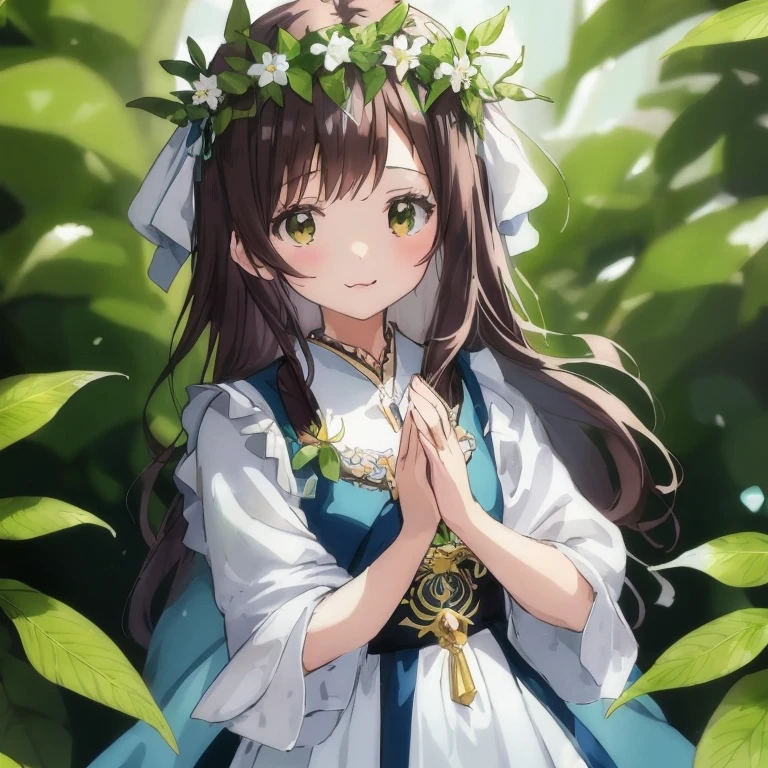 Anime girl in blue dress with a crown of flowers on her head, Cute anime waifu in a nice dress, a maid in a magical forest, Beautiful anime girl, anime moe art style, Anime visuals of cute girls, Beautiful maiden, Cute anime girl, pretty anime girl, young anime girl, kawacy, Dressed in laurel wreaths