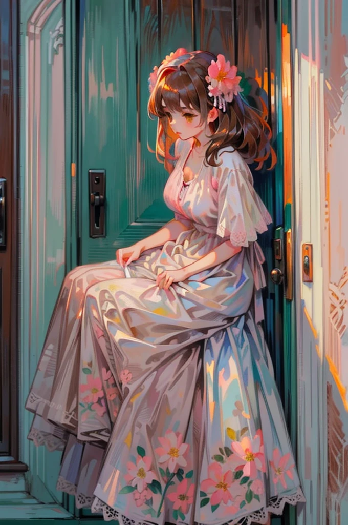 (Impresionism1:1.0) paleta de colores pastel suaves (blanco, rosa, rojo, verde, marrón) acuarela (pensive pretty Young woman long marrón hair in a floral print dress lace edges 1.0) (sitting on a stone door step leaning against an old marrón wooden door 1.0).