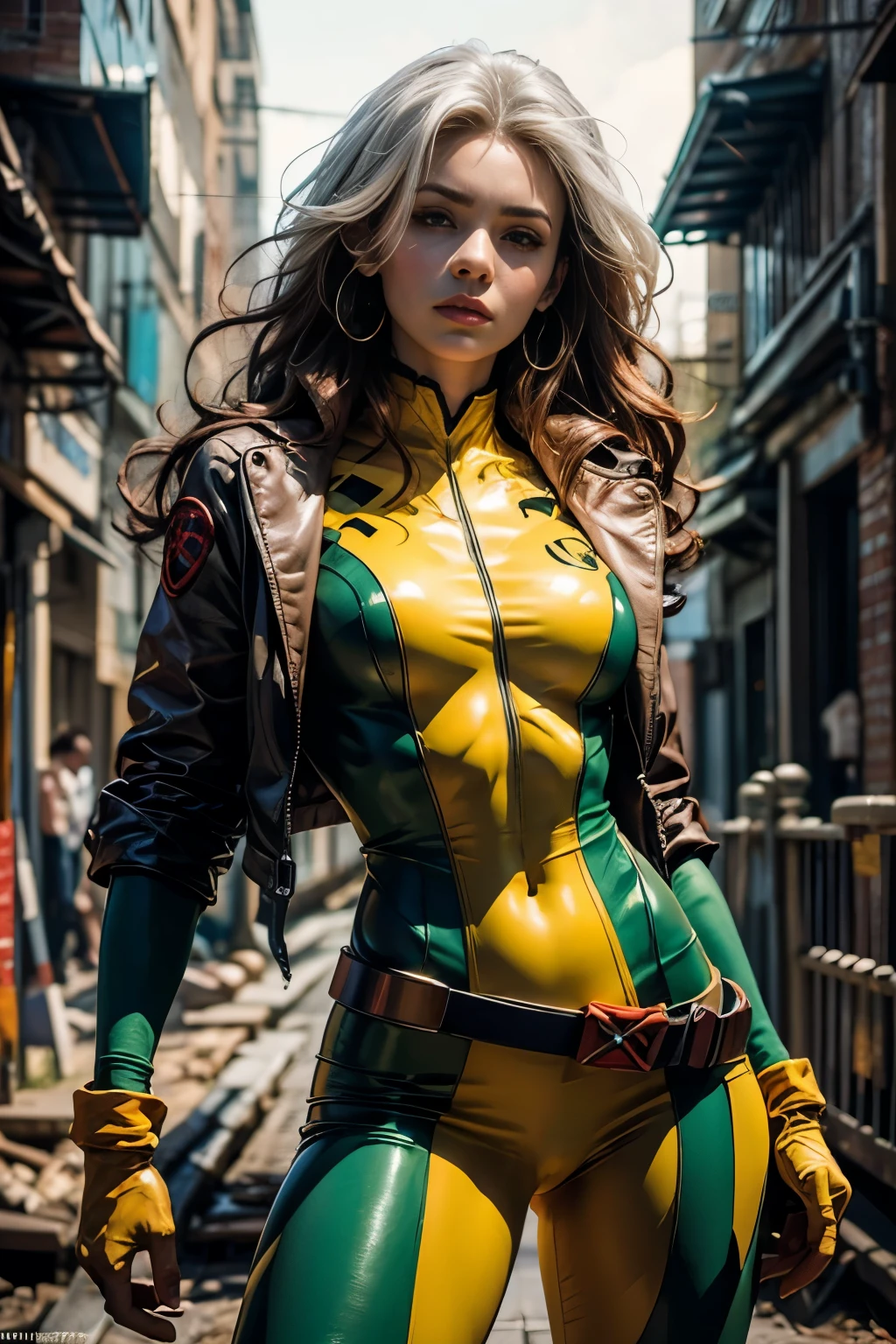 Create a semi-realistic, anime-inspired portrait of Rogue from the X-Men. Rogue is a strong and confident mutant with striking features. She has long, flowing auburn hair with a white streak, which is a prominent characteristic. Her eyes are intense and green, reflecting her determination and inner strength. She wears her iconic green and yellow bodysuit, which hugs her figure, showcasing her athletic build. Rogue's expression is serious yet captivating, conveying her complexity as a character. Ensure the portrait captures her essence as a powerful and enigmatic mutant while infusing it with the vibrant style of anime artwork, ass