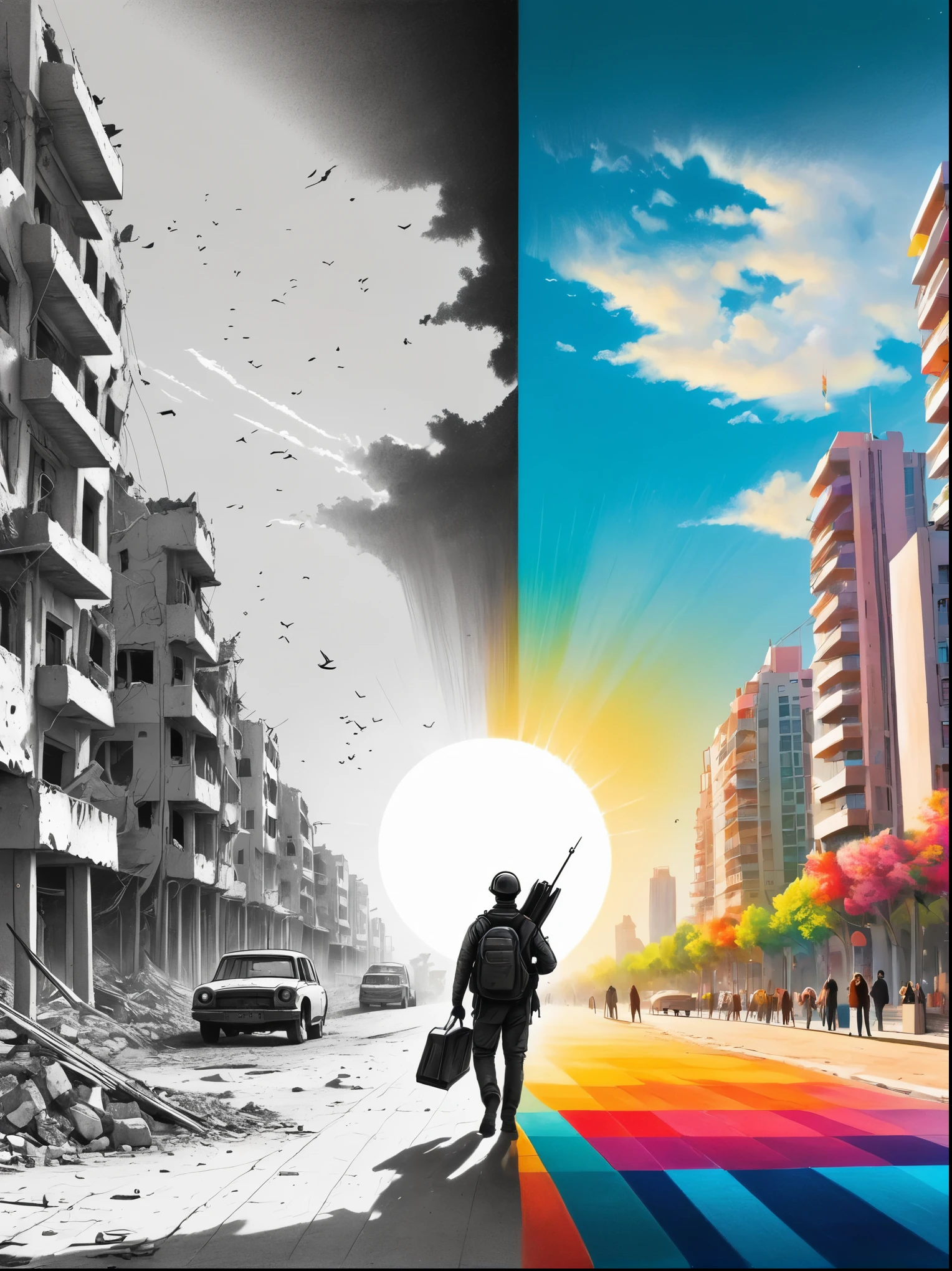 (The left half is a black and white line drawing of the war-torn and ruined city of Gaza:1.3), (The right half is a beautiful and pleasant city with tall buildings, bright sunshine and bright colors:1.5), ((The artwork should transition from a pencil drawing style in black and white on the left half to vibrant colors on the right half, Ensure a seamless integration between the two halves without any dividing line, with the left side featuring detailed black and white pencil strokes and the right side filled with colors, creating a harmonious blend across the image)), excellent quality, Detailed background, The art of math