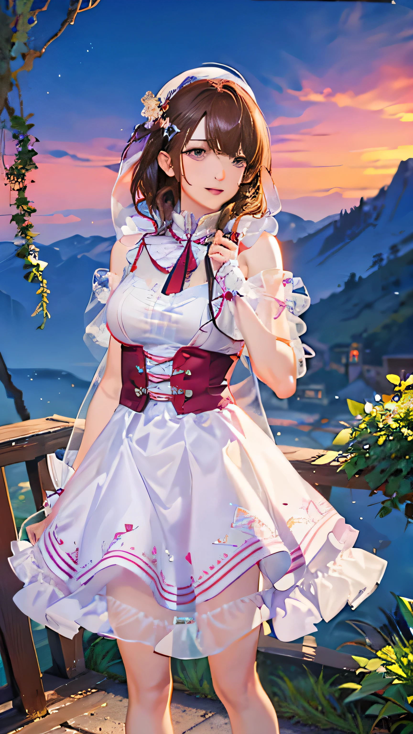 (highest quality, High resolution), Glowing Eyes, Delicate facial features, Vibrant colors, Dreamy atmosphere, Fantasy Theme, Floral Background, Graceful Movement, Detailed clothing, loose fitting dress, Elegant fashion, Magic lighting, Mysterious Aura, Heavenly Beauty, Magic thread, Whimsical elements,Big Breasts、Red attire、Colorful costumes、lingerie、Purple outfit