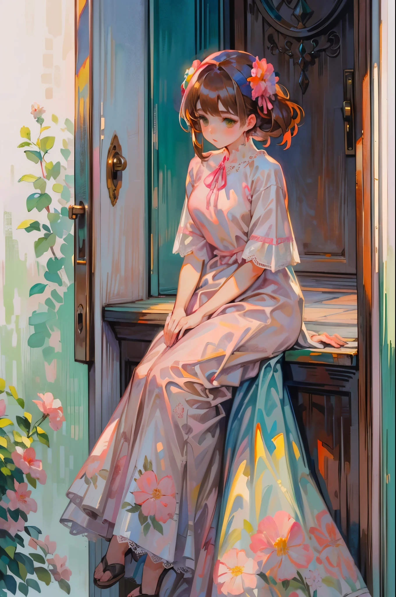 (ลัทธิอิมเพรสชันนิสม์1:1.0) จานสีพาสเทลอ่อน (สีขาว, สีชมพู, สีแดง, สีเขียว, สีน้ำตาล) สีน้ำ (pensive pretty Young woman long dark สีน้ำตาล hair in a floral print dress lace edges 1.0) (sitting on a stone door step leaning against an old สีน้ำตาล wooden door 1.0).