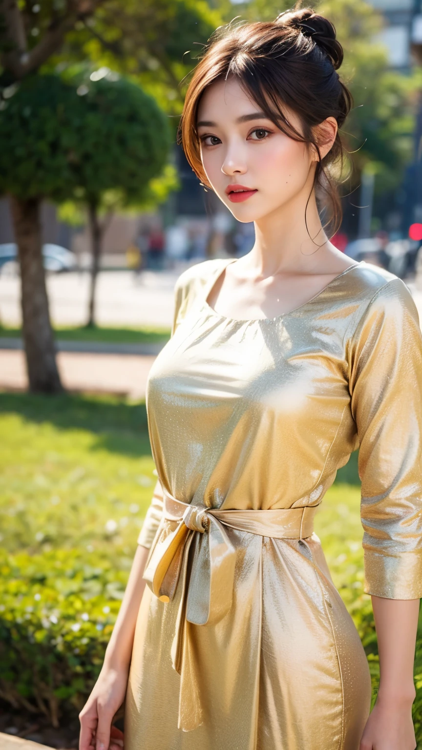 1 girl, hair bun, beautiful girl, mmTD burmese patterned traditional dress, yellow dress, outdoor, perfect light, masterpiece, best quality, ultra detailed, cinematic feels, looking at the viewer, 8k, RAW photo, realistic, photo realistic, intricately detailed, UHD, full HD, ultra resolution