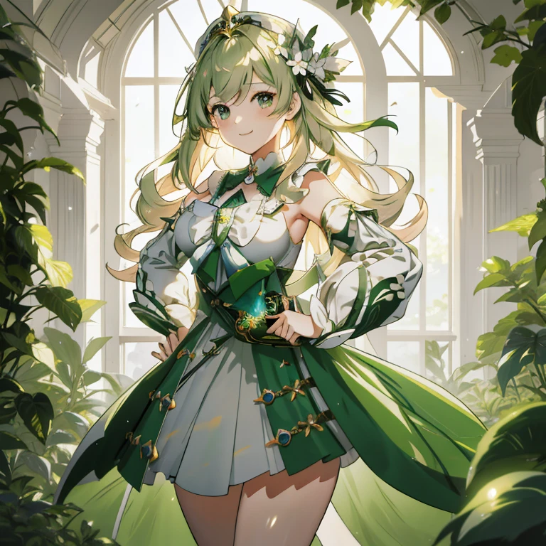 Anime girl in green and white dress standing in front of window, nature goddess, fey queen of the summer forest, Cute anime waifu in a nice dress, cushart krenz key art feminine,  in dress, marin kitagawa fanart, smiling as a queen of fairies, goddess of spring, anime goddess, Leaf dress, shadowverse style