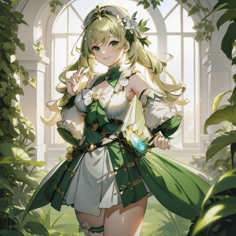 Anime girl in green and white dress standing in front of window, nature goddess, fey queen of the summer forest, Cute anime waifu in a nice dress, cushart krenz key art feminine,  in dress, marin kitagawa fanart, smiling as a queen of fairies, goddess of spring, anime goddess, Leaf dress, shadowverse style