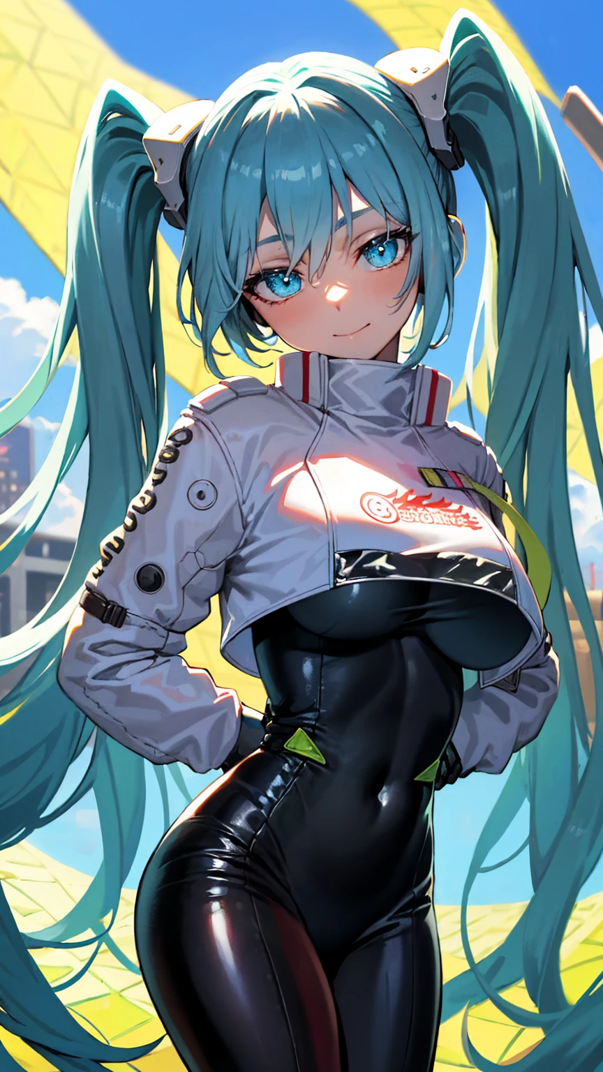  (masterpiece, highest quality), Backlight, Lens flare, Wide Shot, Fisheye Lens , (Face Focus, Depth of written boundary, close: 1.5), Super Detail, figure, colorful, (Fault Color: 1.3), (Immidshot: 1.3), video, Wide-angle, Upper Body, (((One girl))), miku hatsune, Spotless, Dark green hair, Twin tails, Very long hair, Put your arms behind your back, blue eyes, Glowing Eyes, Relaxed face, Eyebrow hair, Shiny Hair, Glowing Skin, A light smile, racing Miku, (Big Breasts), Black bodysuit, Cropped jacket, White jacket, Long sleeve, Two-tone gloves, Thigh-high boots, bright, Beautiful detailed sky, city, street,