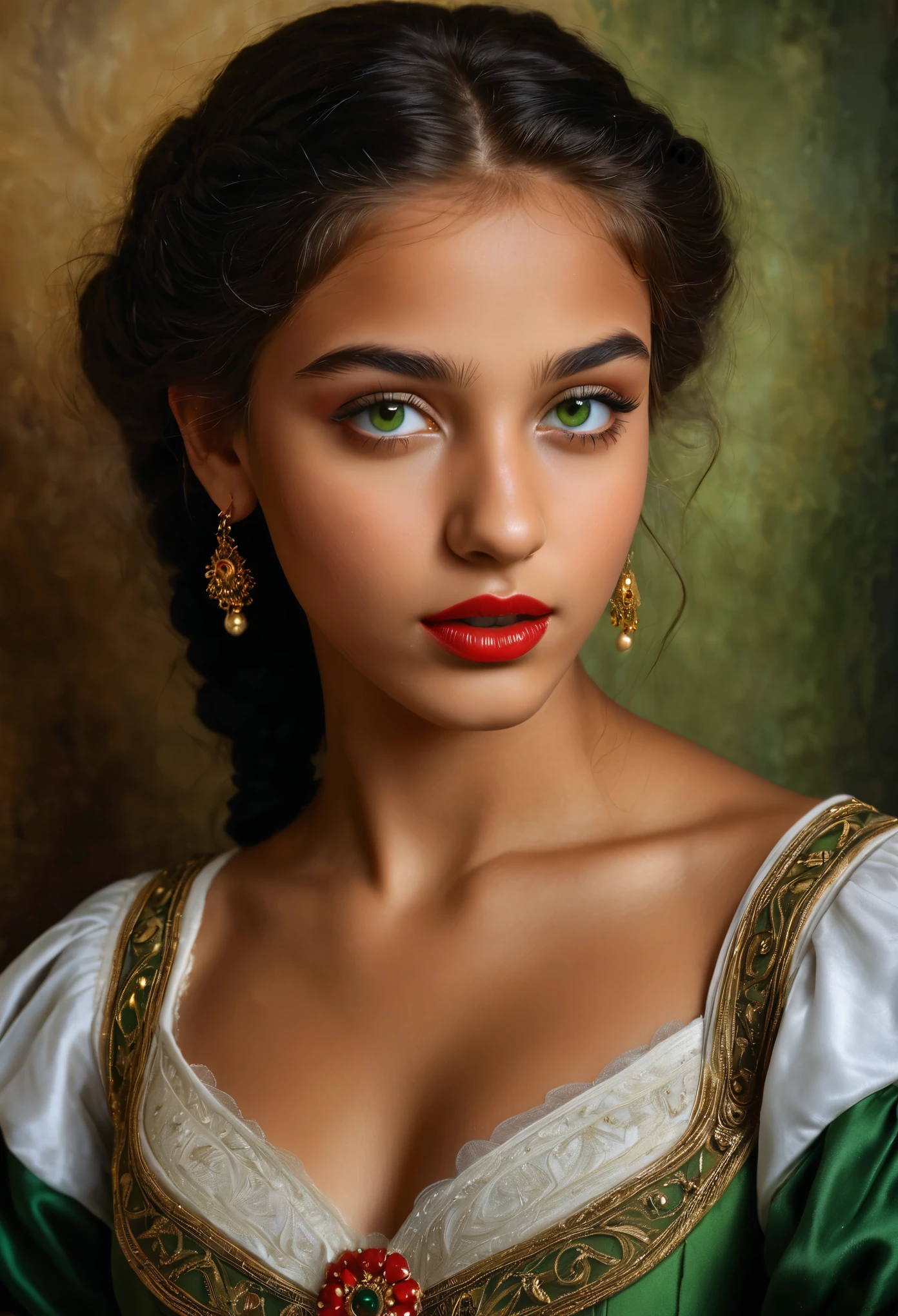 (highres,masterpiece:1.2),(realistic:1.37), A portrait of a beautiful 15-year-old Roma girl, detailed green eyes, an exotic and exquisite beauty, a masterpiece of a skilled artist's rendering of the life force of a young girl. The portrait is created in the style of classical portraiture, reminiscent of the works of renowned artists from the era. A great masterpiece of the century, you can even feel the breath of the lively girl, , perfect makeup, long eyelashes, sexy seductive, black Roma national costume, red lips,