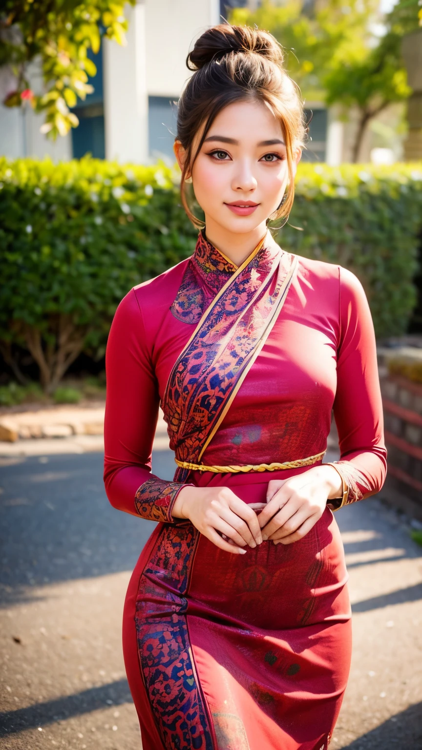 1 girl, hair bun, beautiful girl, ((mmTD burmese patterned traditional dress)), red  dress, floral printed dress, outdoor, perfect light, masterpiece, best quality, ultra detailed, cinematic feels, looking at the viewer, 8k, RAW photo, realistic, photo realistic, intricately detailed, UHD, full HD, ultra resolution