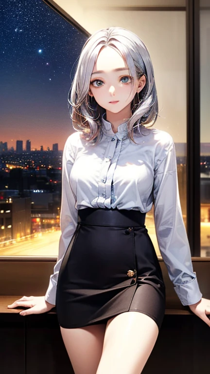 (Top quality masterpiece:1.2) Delicate illustrations, Very detailed, /Beautiful Japanese Woman、1 person,Very cute and slim、Excellent style 、((8K images、super high quality))、Very delicate face, Beautiful forehead、Beautiful thighs、Deep red lipstick,(((((Middle Hair、Silver Hair))))),very cute、Kind eyes,(White shirt、skirt)、starry skies、Tokyo night view、Cafe、Date