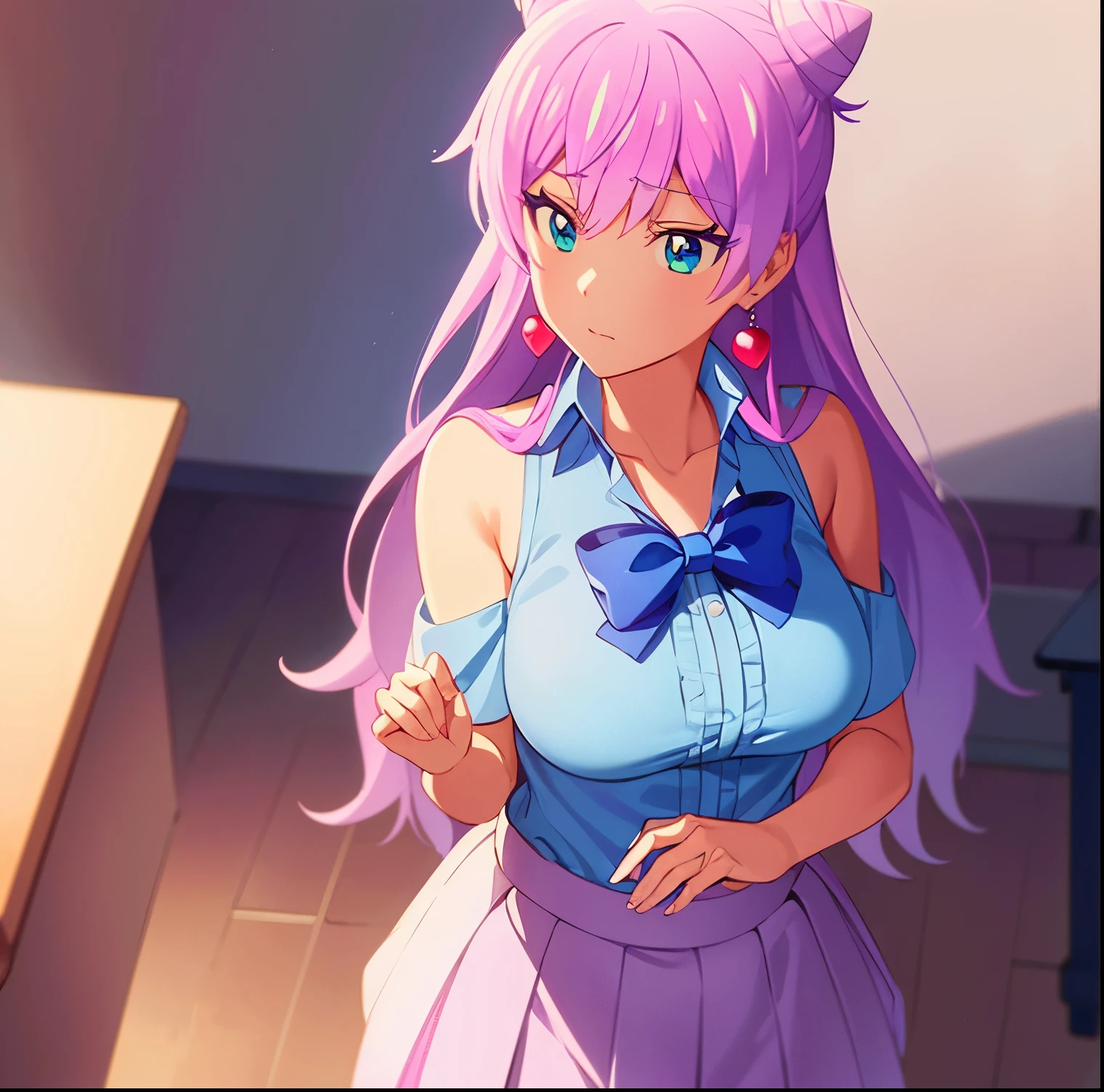 Anime girl with pink hair and blue dress in kitchen - SeaArt AI