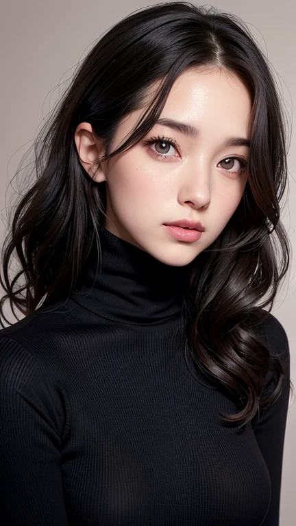 Professional photograph of a 28 years old pretty girl with grey eyes,  black middle-length curly hair, slightly open mouth and pale skin with a  rosy complexion. Dressed in a black turtleneck sweater. Facing slightly  to the right, turning the head towards the camera ,tiffen soft contrast filter effect, Muted background.