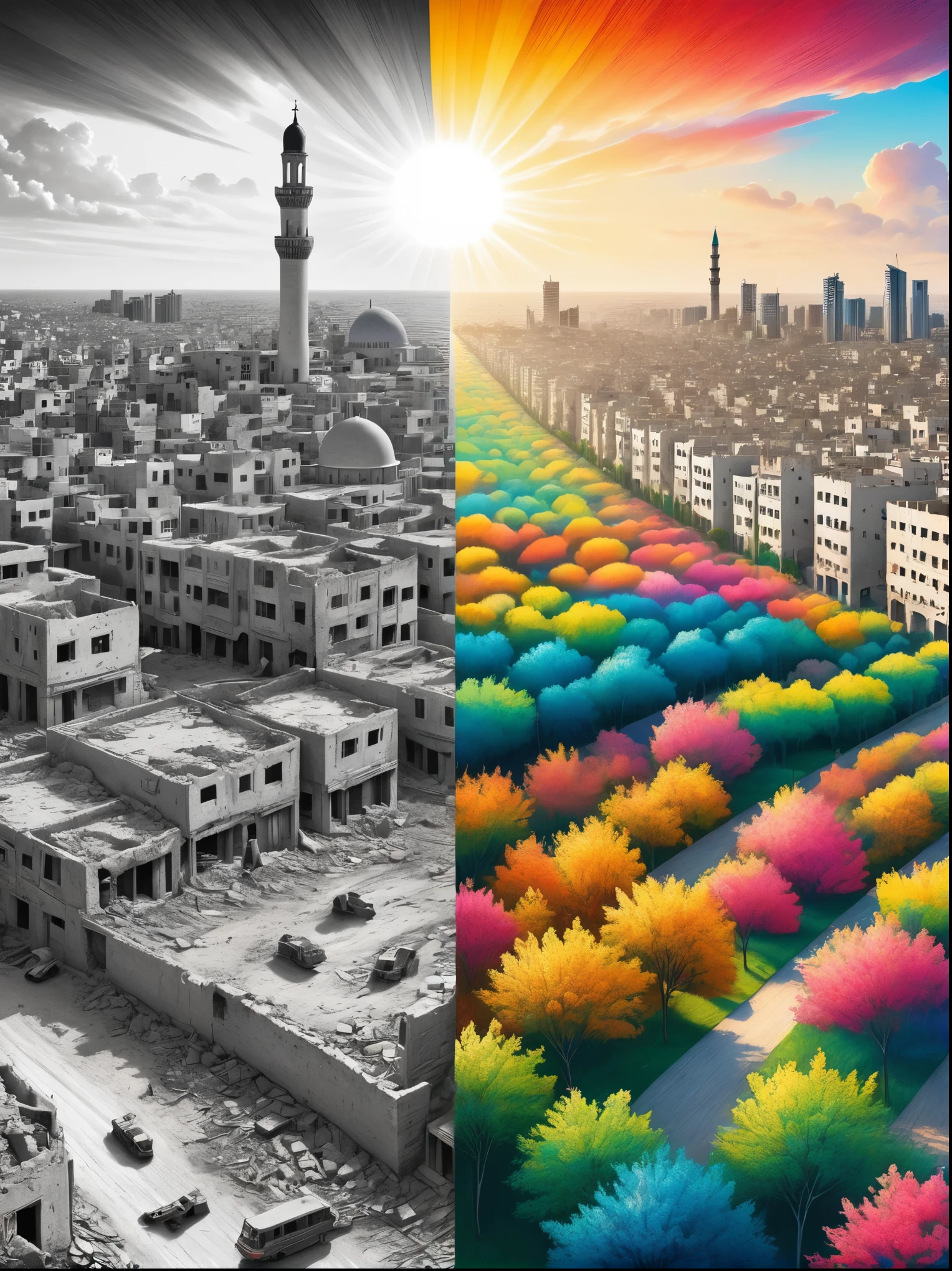 (The left half is a black and white line drawing of the war-torn and ruined city of Gaza:1.3), (The right half is a beautiful and pleasant city with tall buildings, bright sunshine and bright colors:1.5), ((The artwork should transition from a pencil drawing style in black and white on the left half to vibrant colors on the right half, Ensure a seamless integration between the two halves without any dividing line, with the left side featuring detailed black and white pencil strokes and the right side filled with colors, creating a harmonious blend across the image)), excellent quality, Detailed background, The art of math