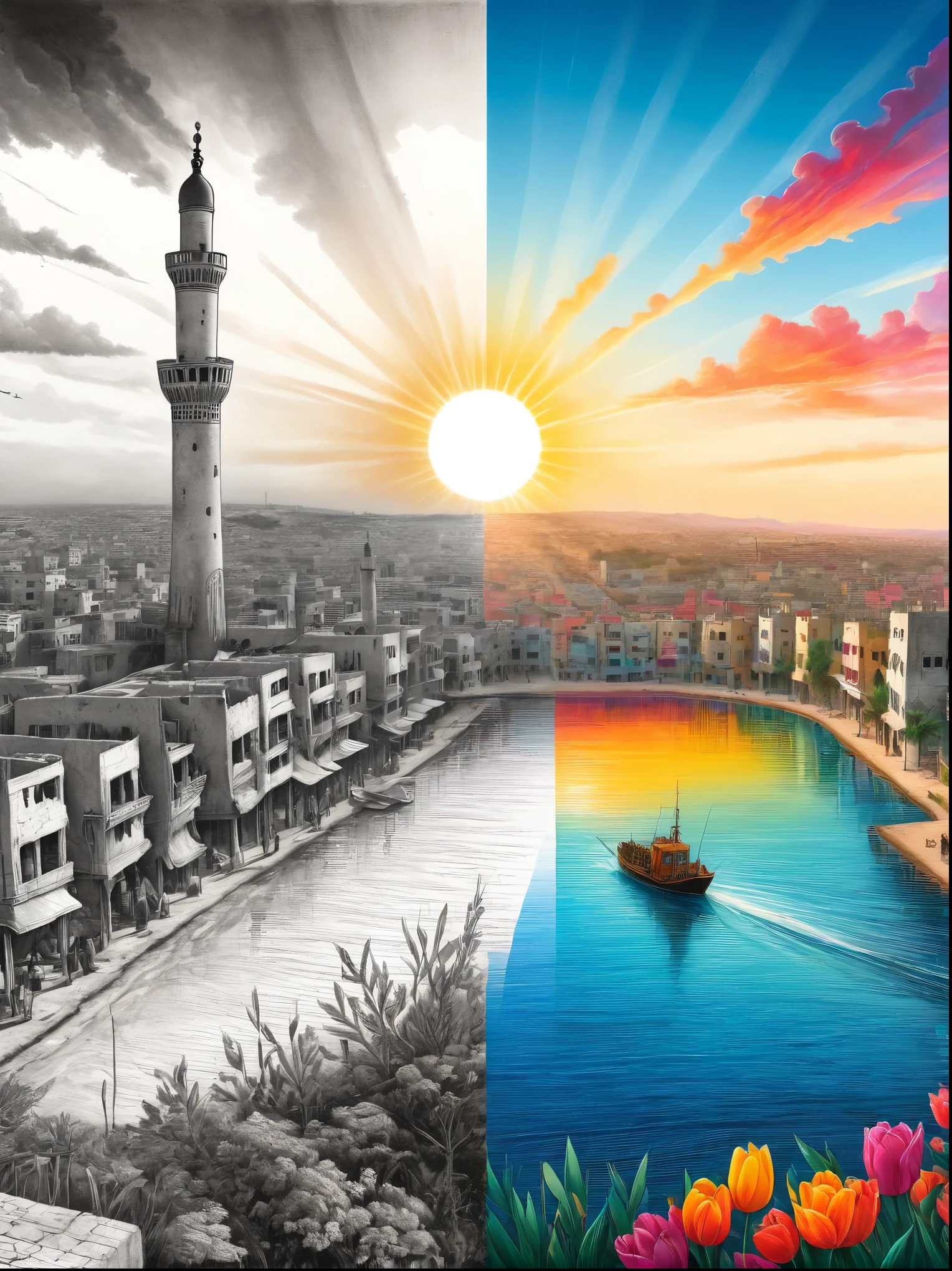 (The left half is a black and white line drawing of the war-torn and ruined city of Gaza:1.3), (The right half is a beautiful and pleasant city with tall buildings, bright sunshine and bright colors:1.5), ((The artwork should transition from a pencil drawing style in black and white on the left half to vibrant colors on the right half, Ensure a seamless integration between the two halves without any dividing line, with the left side featuring detailed black and white pencil strokes and the right side filled with colors, creating a harmonious blend across the image)), excellent quality, Detailed background, The art of math