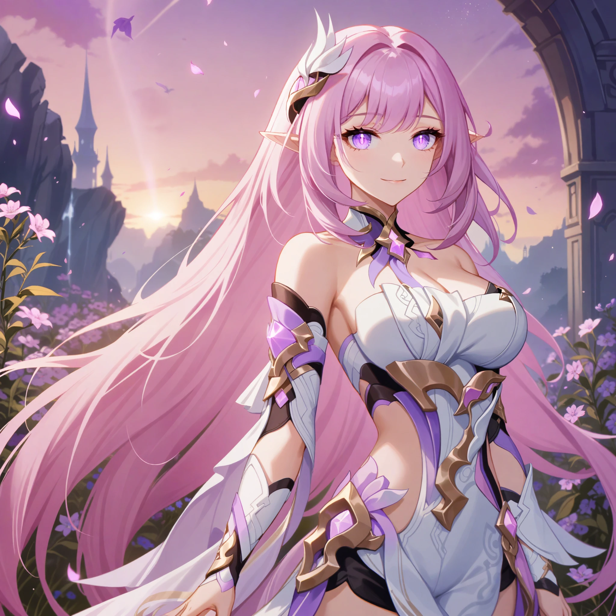 Masterpiece,very aesthetic,1girl,elysia \(herrscher of human:ego\) \(honkai impact\),pink hair,purple eyes,pointed ears,highly detailed,digital painting,elysian realm,illustrated by Ayami Kojima and Karol Bak and criin,glowing pink petals,anime fantasy background,intricate,white dress,narrow_waist,iridescent light, large breasts,official honkai imapct 3 cg,pink sky,field of wildflowers,pink slit pupils,gentle smile,god rays,long delicate eyelashes