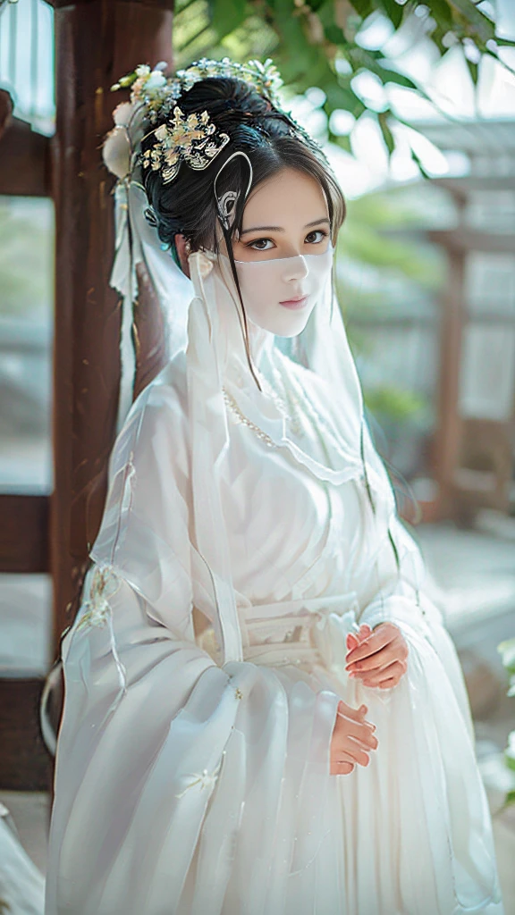 （（Long ears）），full body ，The eyes are very delicate.， Human，gorgeous white hanfu，（（（hair accessories）））（（（face veil））），necklace，（（（A garden with many flowers））， （（complicated details））， （（Surrealism））（8k）