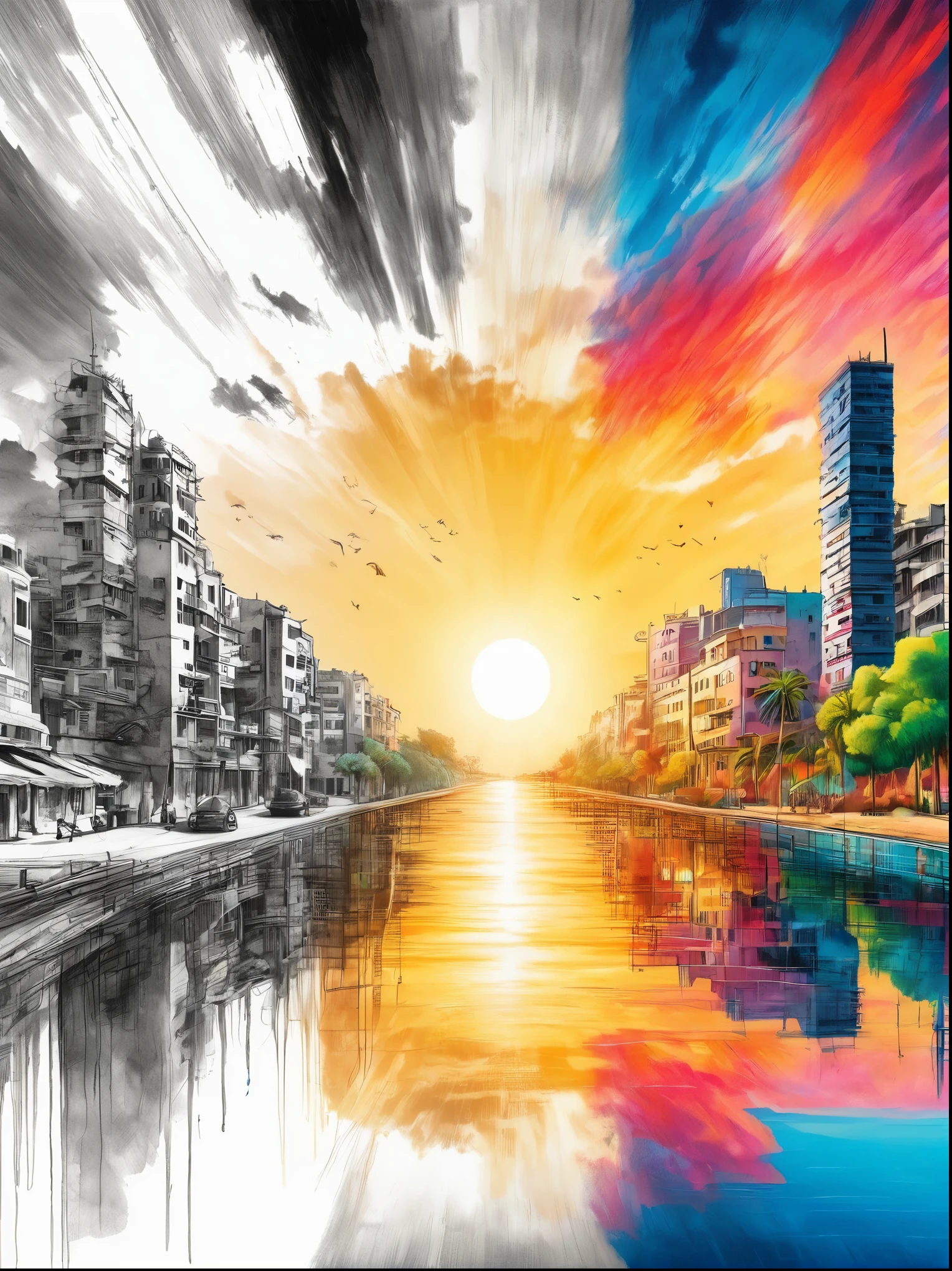 (The left half is a black and white line drawing of the war-torn and ruined city of Gaza:1.3), (The right half is a beautiful and pleasant city with tall buildings, bright sunshine and bright colors:1.5), ((The artwork should transition from a pencil drawing style in black and white on the left half to vibrant colors on the right half, Ensure a seamless integration between the two halves without any dividing line, with the left side featuring detailed black and white pencil strokes and the right side filled with colors, creating a harmonious blend across the image)), excellent quality, Detailed background, The art of math