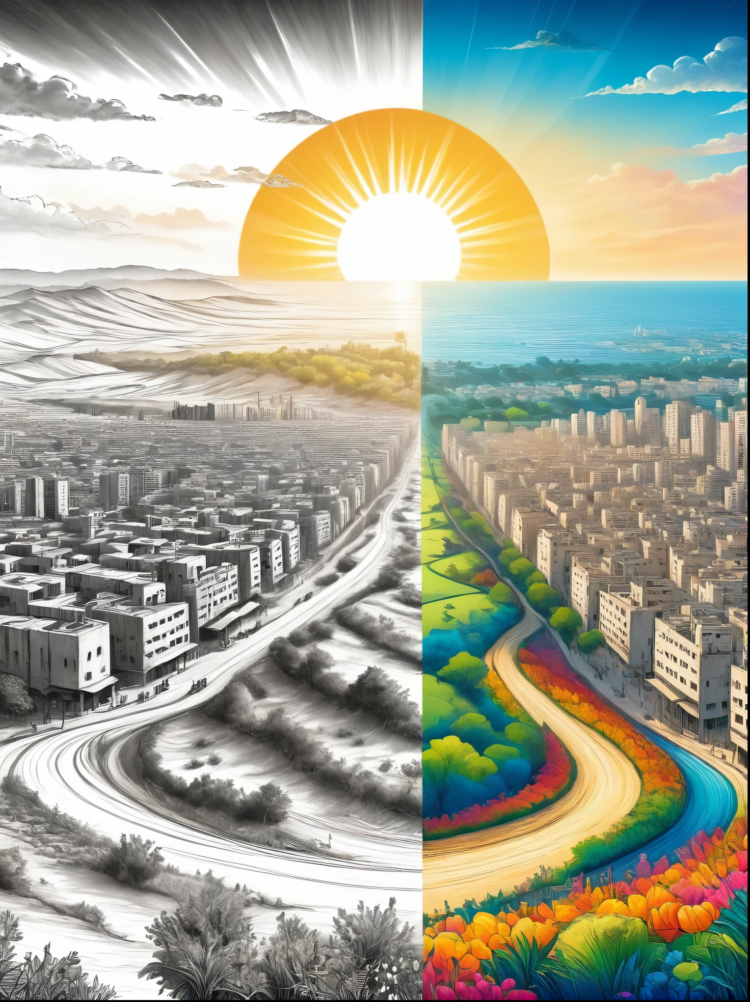 (The left half is a black and white line drawing of the war-torn and ruined city of Gaza:1.3), (The right half is a beautiful and pleasant city with tall buildings, bright sunshine and bright colors:1.5), ((The artwork should transition from a pencil drawing style in black and white on the left half to vibrant colors on the right half, Ensure a seamless integration between the two halves without any dividing line, with the left side featuring detailed black and white pencil strokes and the right side filled with colors, creating a harmonious blend across the image)), excellent quality, Detailed background, The art of math