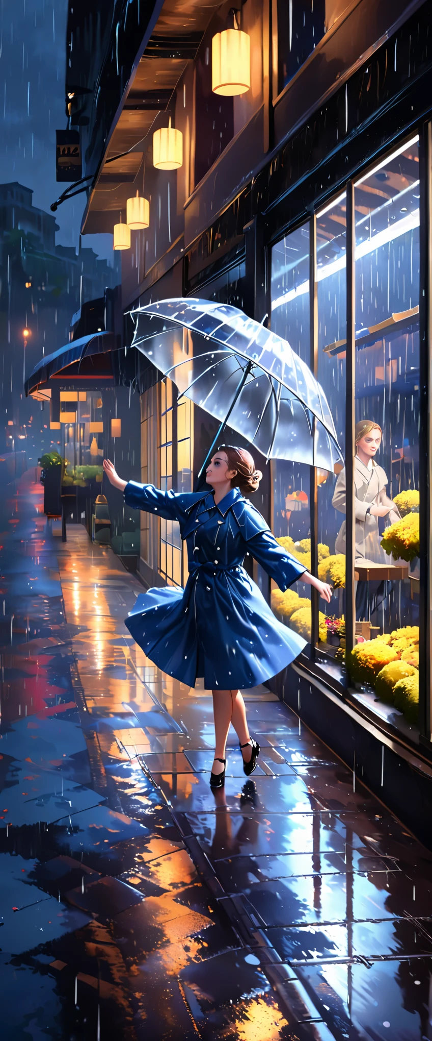 best quality, highres, ultra-detailed, realistic:1.37,a girl in a city at night,wearing made of transparent vinyl rain coat,holding an umbrella,((dancing in the rain like Singin' in the Rain:1.8)),Close to cold colors,reduce saturation,((natural color:2.8)) full-body image,medium:oil painting,detailed face,beautiful eyes and lips,dark and moody atmosphere,vibrant colors,streaks of raindrops,city lights reflecting on wet streets,glowing umbrellas in the background,shimmering rain-soaked pavement,ethereal and dreamy lightin,((lined up shop windows and narrow sidewalk background:2.0))