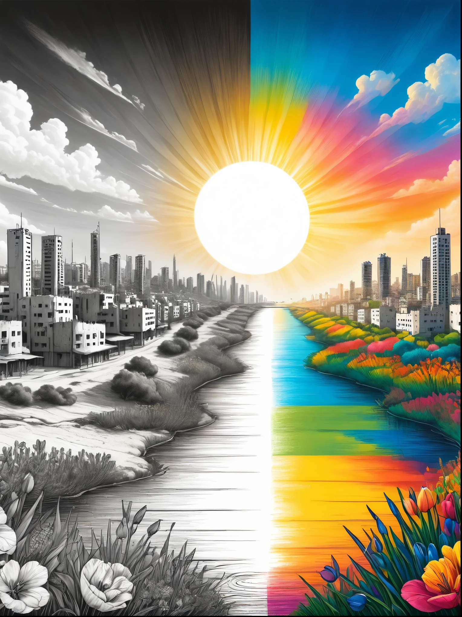 (The left half is a black and white line drawing of the war-torn and ruined city of Gaza:1.3), (The right half is a beautiful and pleasant city with tall buildings, bright sunshine and bright colors:1.5), ((The artwork should transition from a pencil drawing style in black and white on the left half to vibrant colors on the right half, Ensure a seamless integration between the two halves without any dividing line, with the left side featuring detailed black and white pencil strokes and the right side filled with colors, creating a harmonious blend across the image)), excellent quality, Detailed background, The art of math