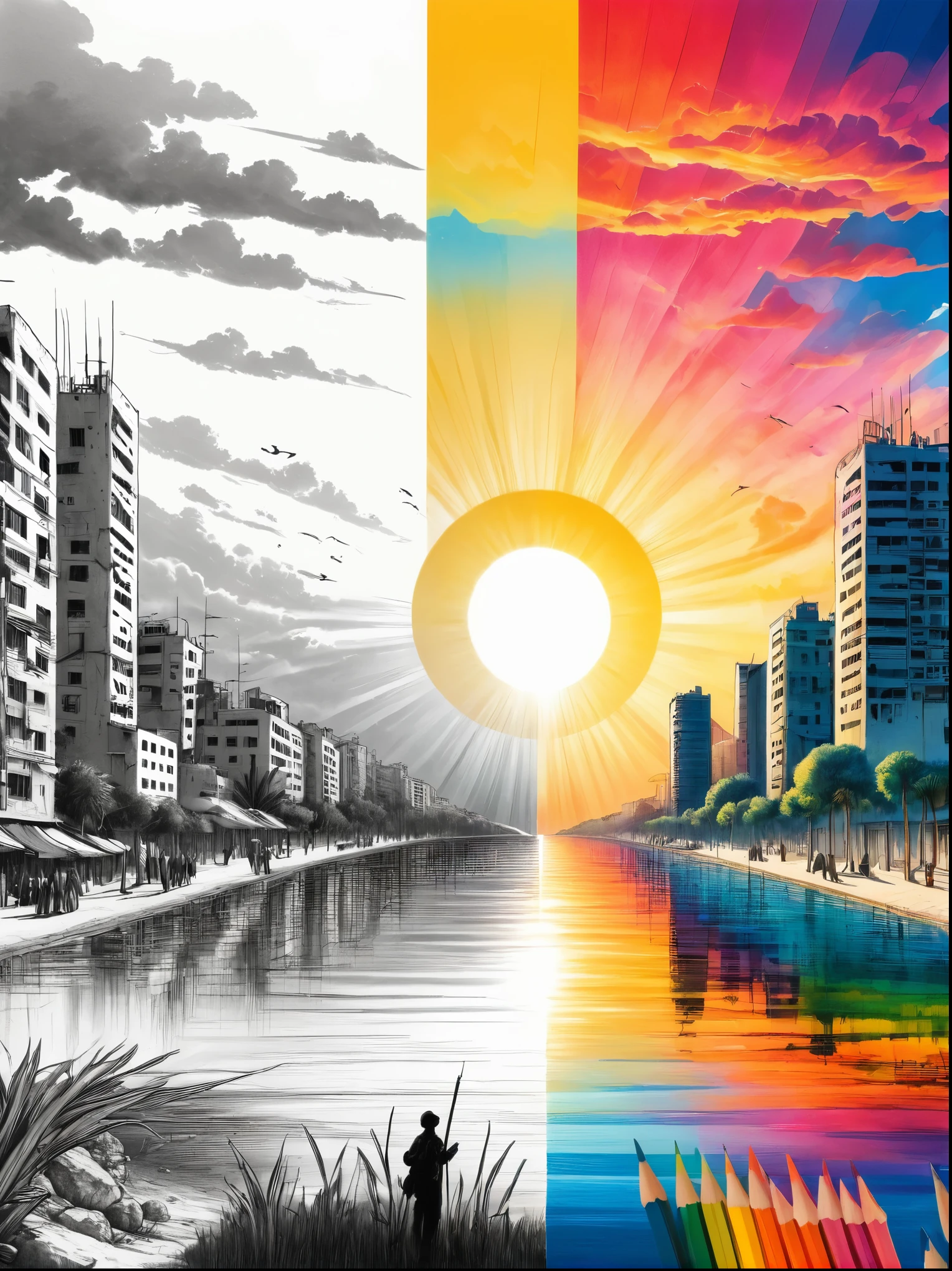 (The left half is a black and white line drawing of the war-torn and ruined city of Gaza:1.3), (The right half is a beautiful and pleasant city with tall buildings, bright sunshine and bright colors:1.5), ((The artwork should transition from a pencil drawing style in black and white on the left half to vibrant colors on the right half, Ensure a seamless integration between the two halves without any dividing line, with the left side featuring detailed black and white pencil strokes and the right side filled with colors, creating a harmonious blend across the image)), excellent quality, Detailed background, The art of math