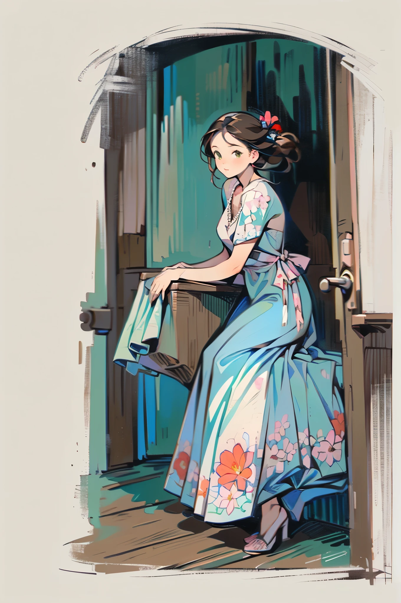 (Impressionismo1:1.0) paleta pastel suave (branco, rosa, vermelho, verde, marrom) aquarela (pensive pretty Young woman long dark marrom hair in a floral print dress lace edges 1.0) (sitting on a stone door step leaning against an old marrom wooden door 1.0).