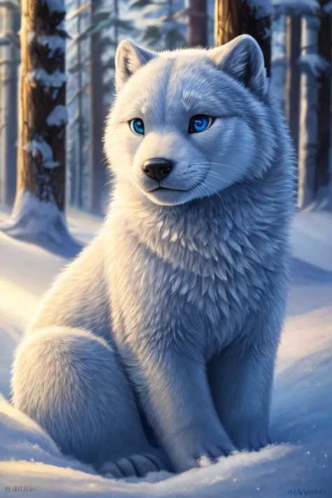 A polar wolf otter/dragon hybrid cub in a snowy landscape, surrounded by pine trees. The cub has mesmerizing ice blue eyes and s...