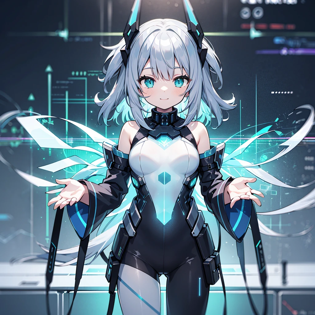 (masterpiece),  (science fiction,  holographic interface:1.2),  1girl,  smile,  silver hair,  medium hair,  aqua eyes,  headgear,  long sleeves,  detached sleeves